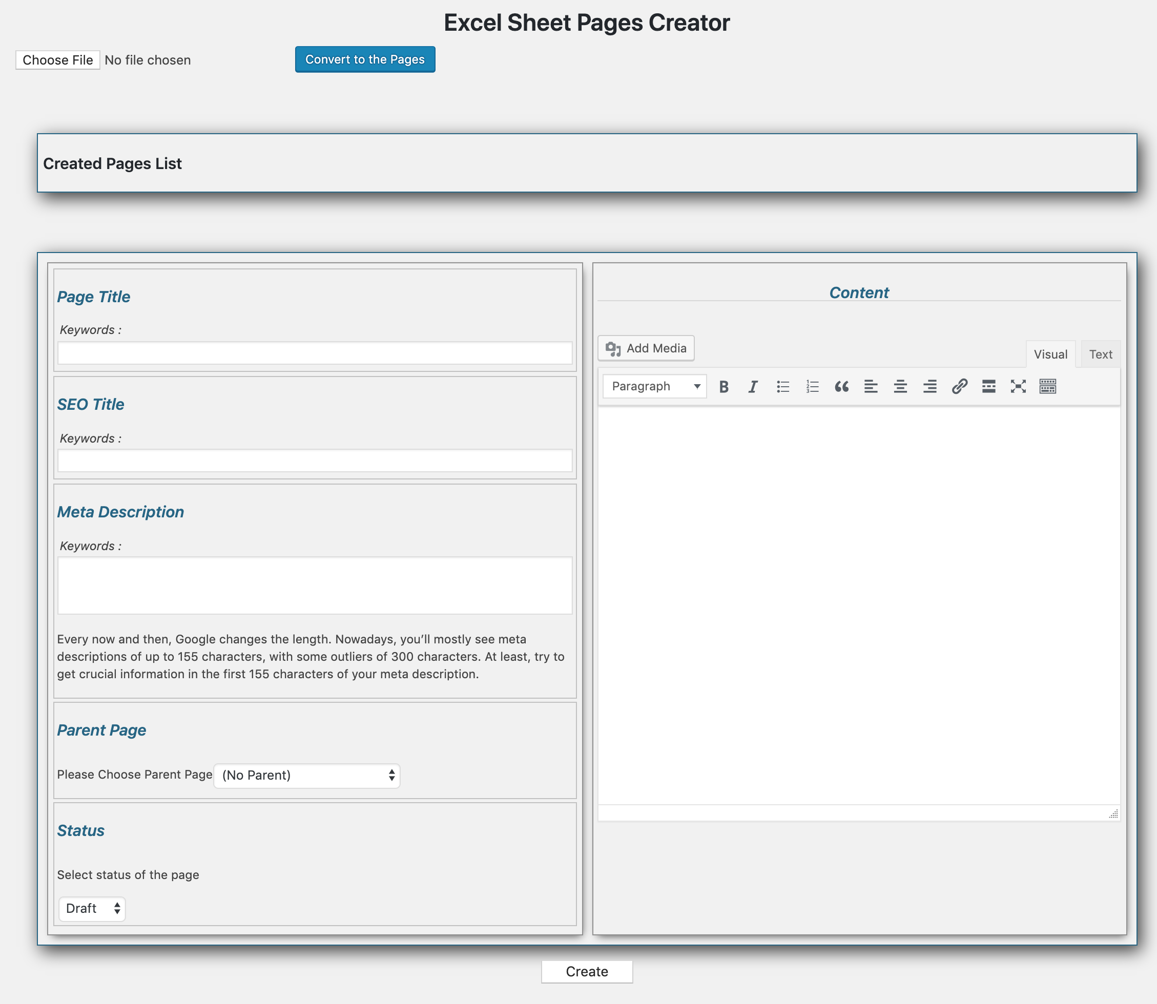 Multiple Page Generator running on WordPress version 5.2.1 with Excel Sheet Pages Creator function.