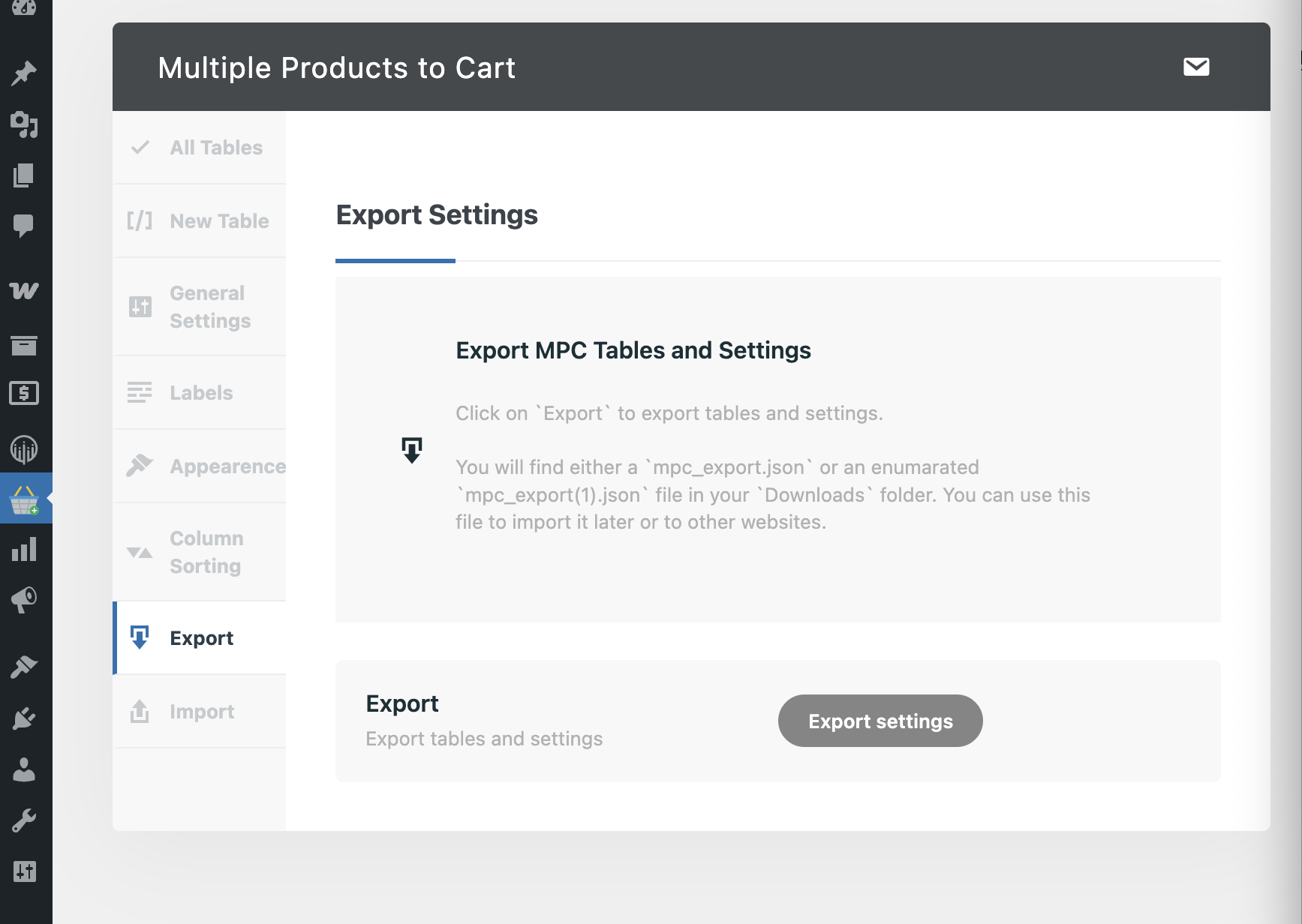 Export settings and tables with Import (PRO)