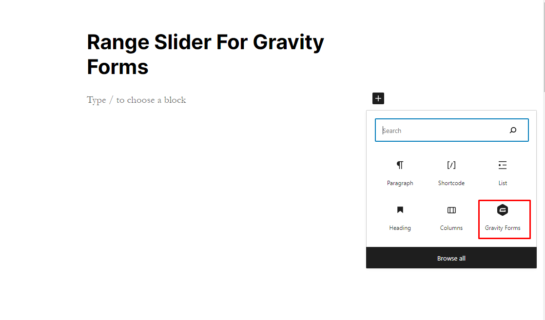 Add New Block Gravity Form