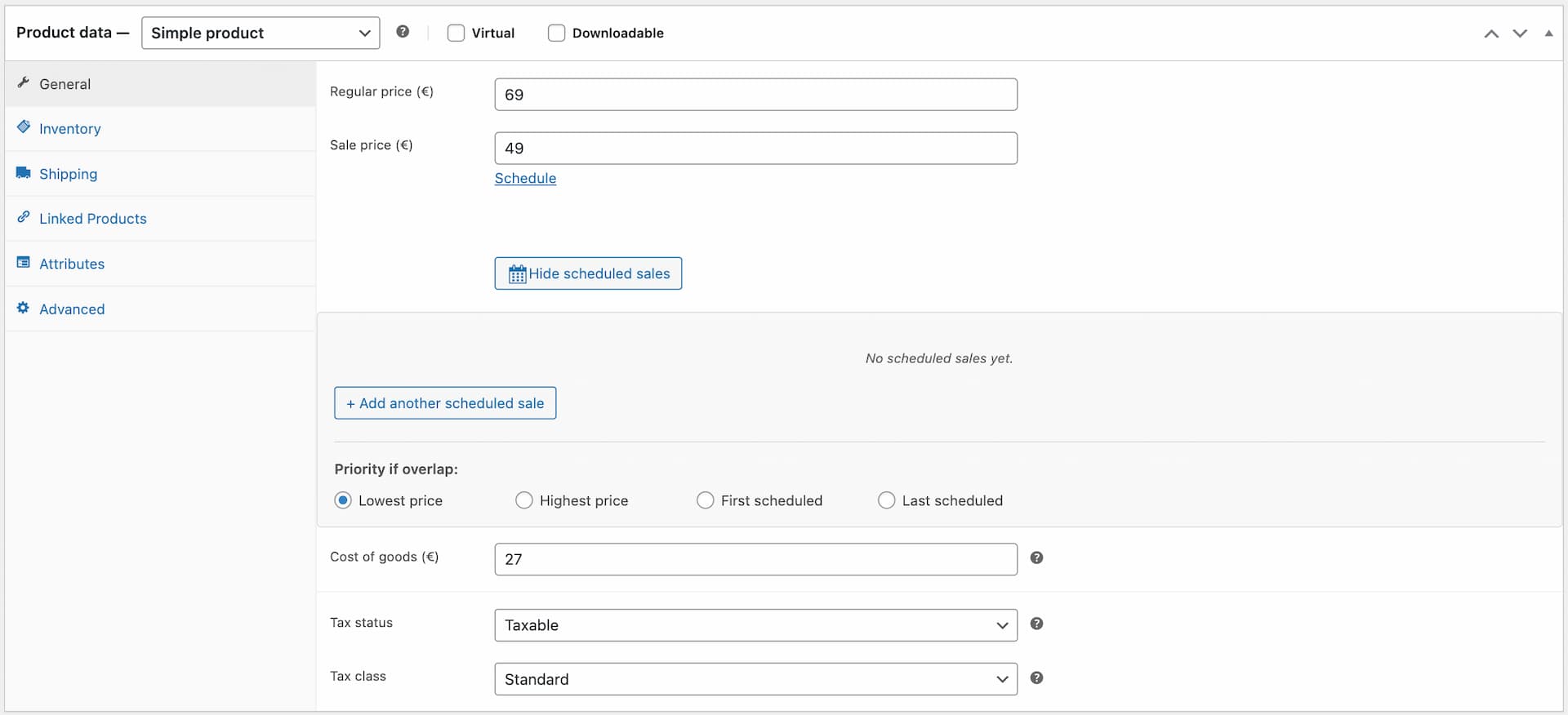 Multiple sales configured with different dates and statuses