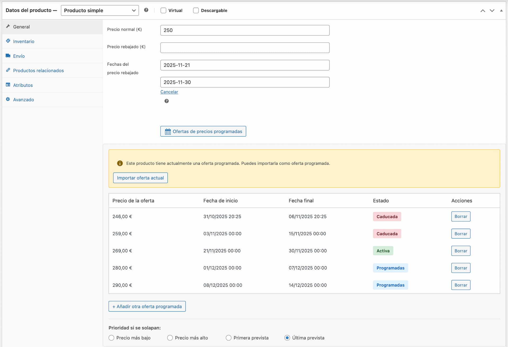 Settings page - General tab with priority and log options