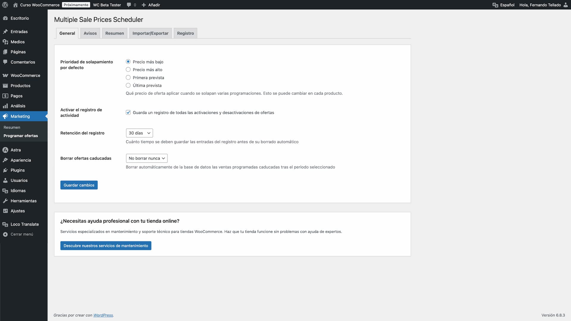 Settings page - Overview with all scheduled sales