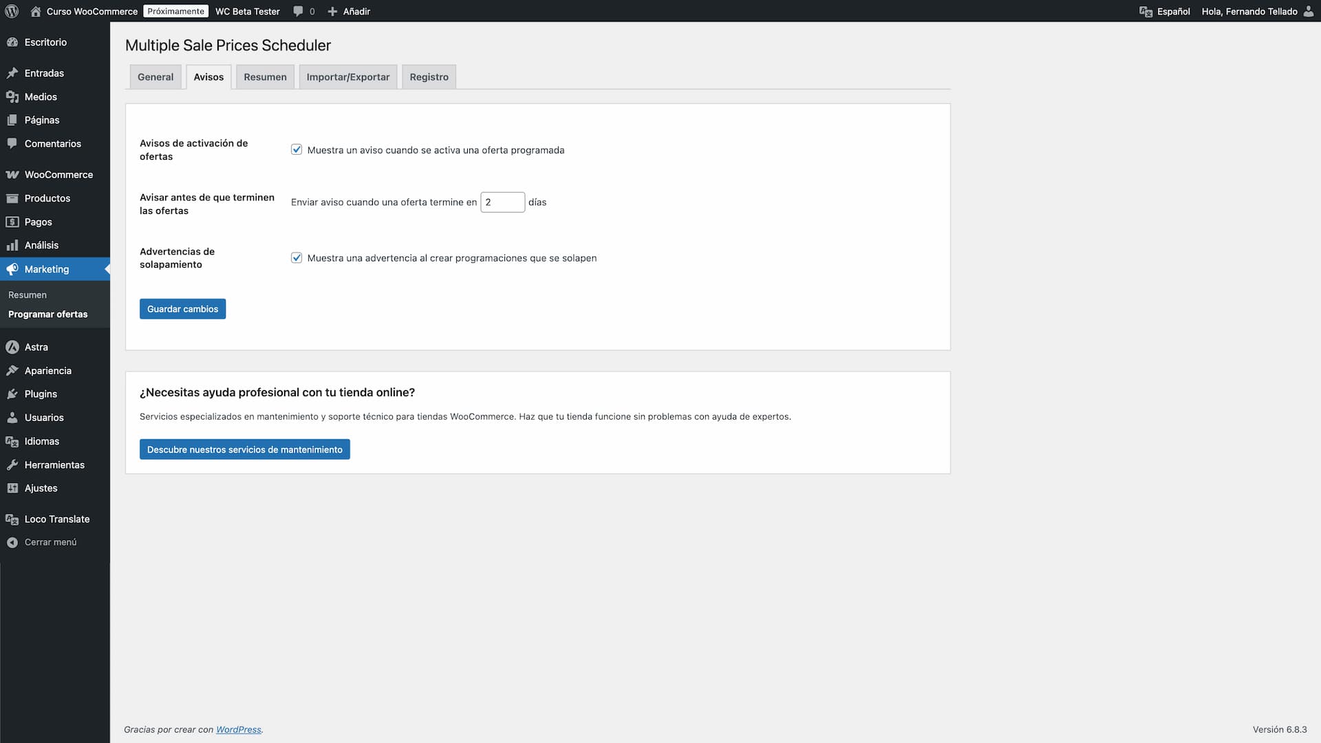 Activity log with filtering options