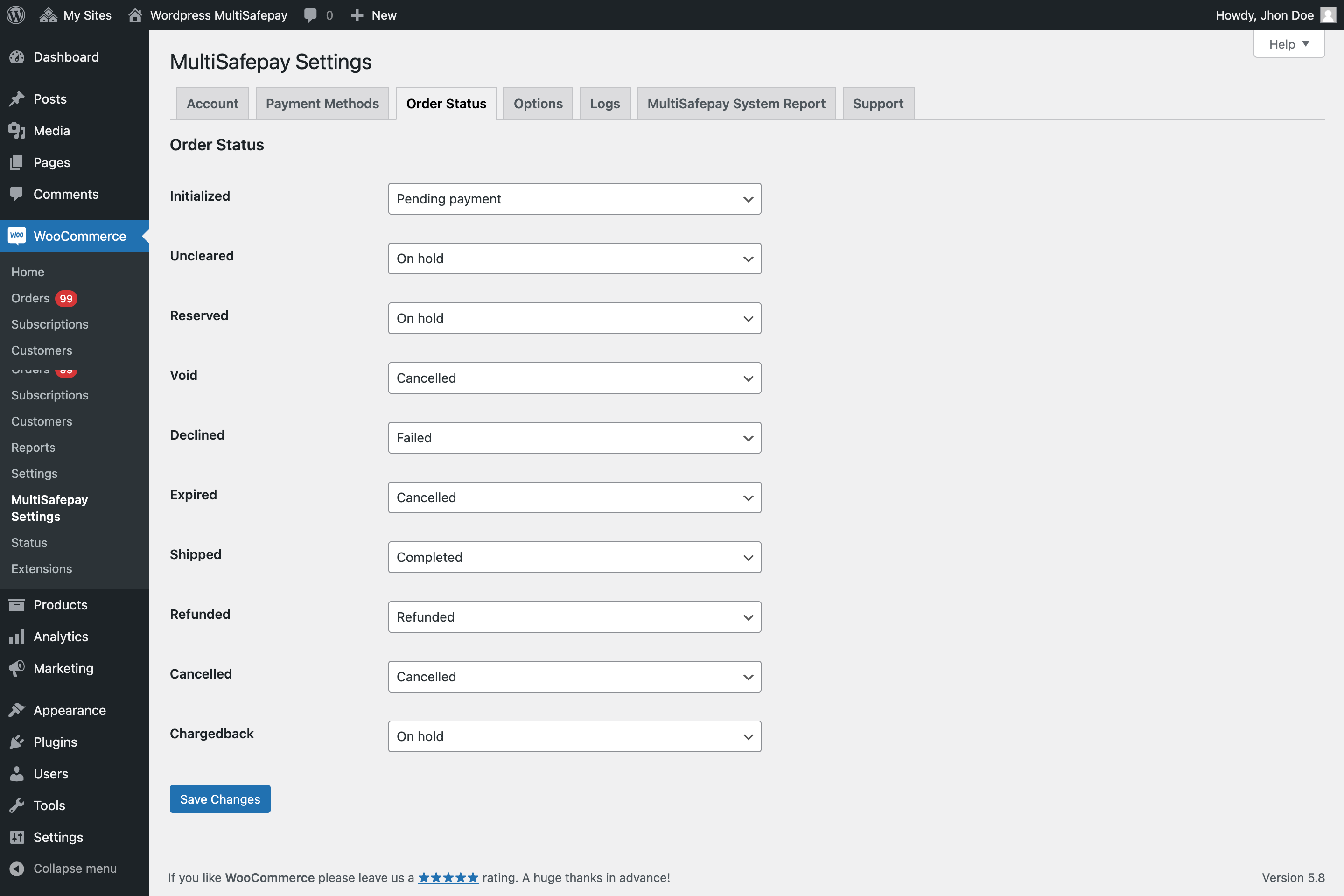 MultiSafepay Settings Page - Order status section