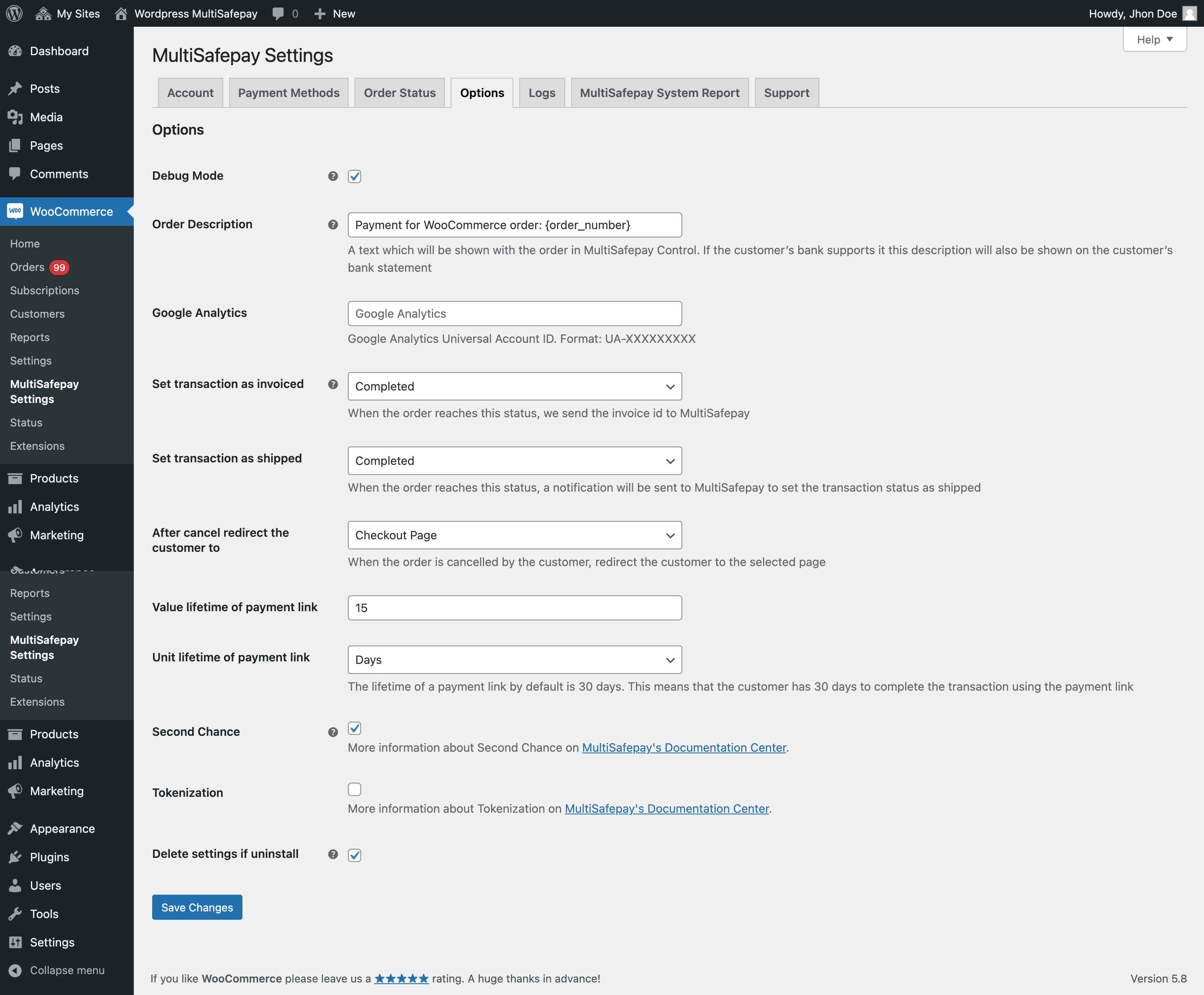 MultiSafepay Settings Page - Options section
