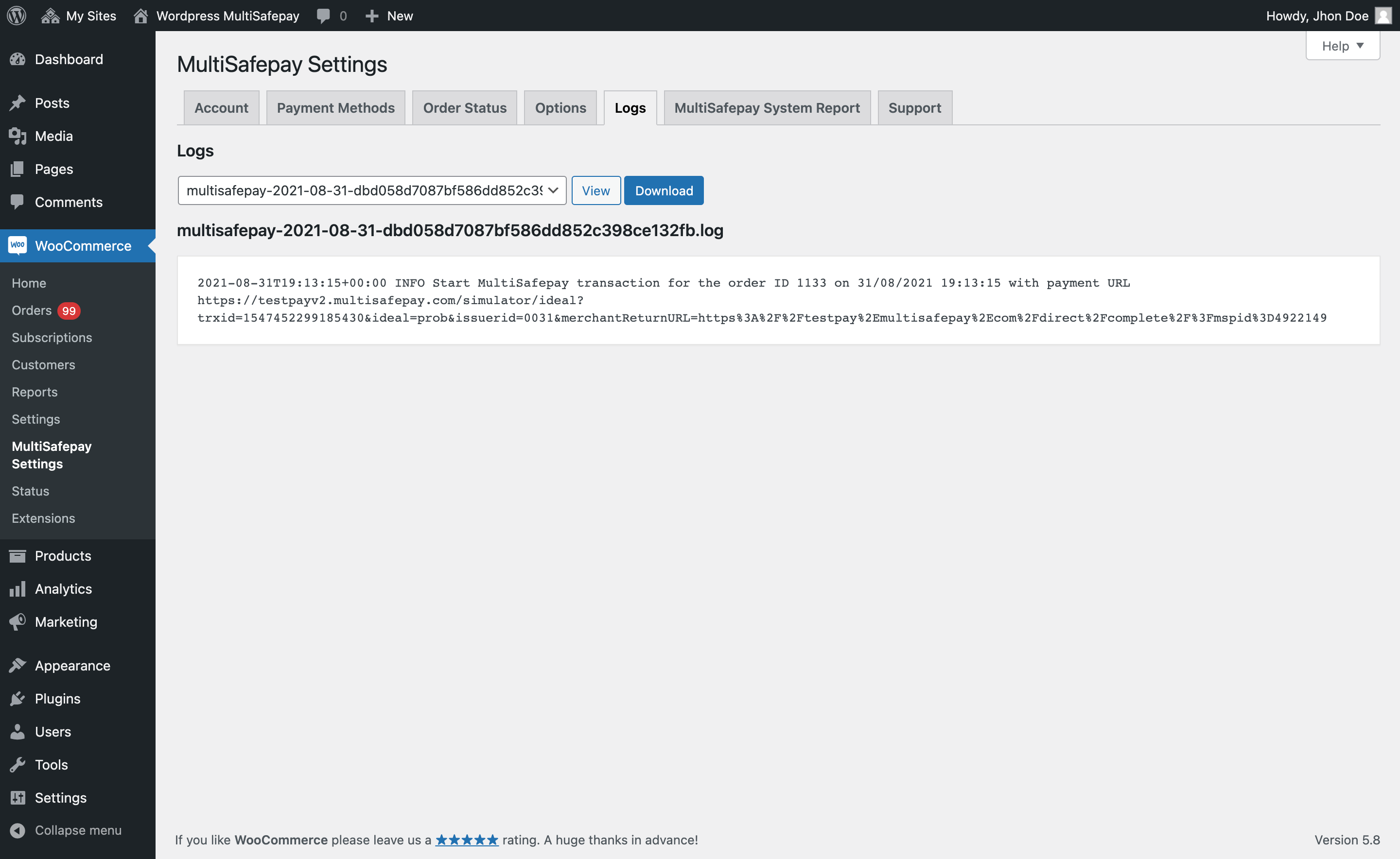 MultiSafepay Settings Page - Logs section