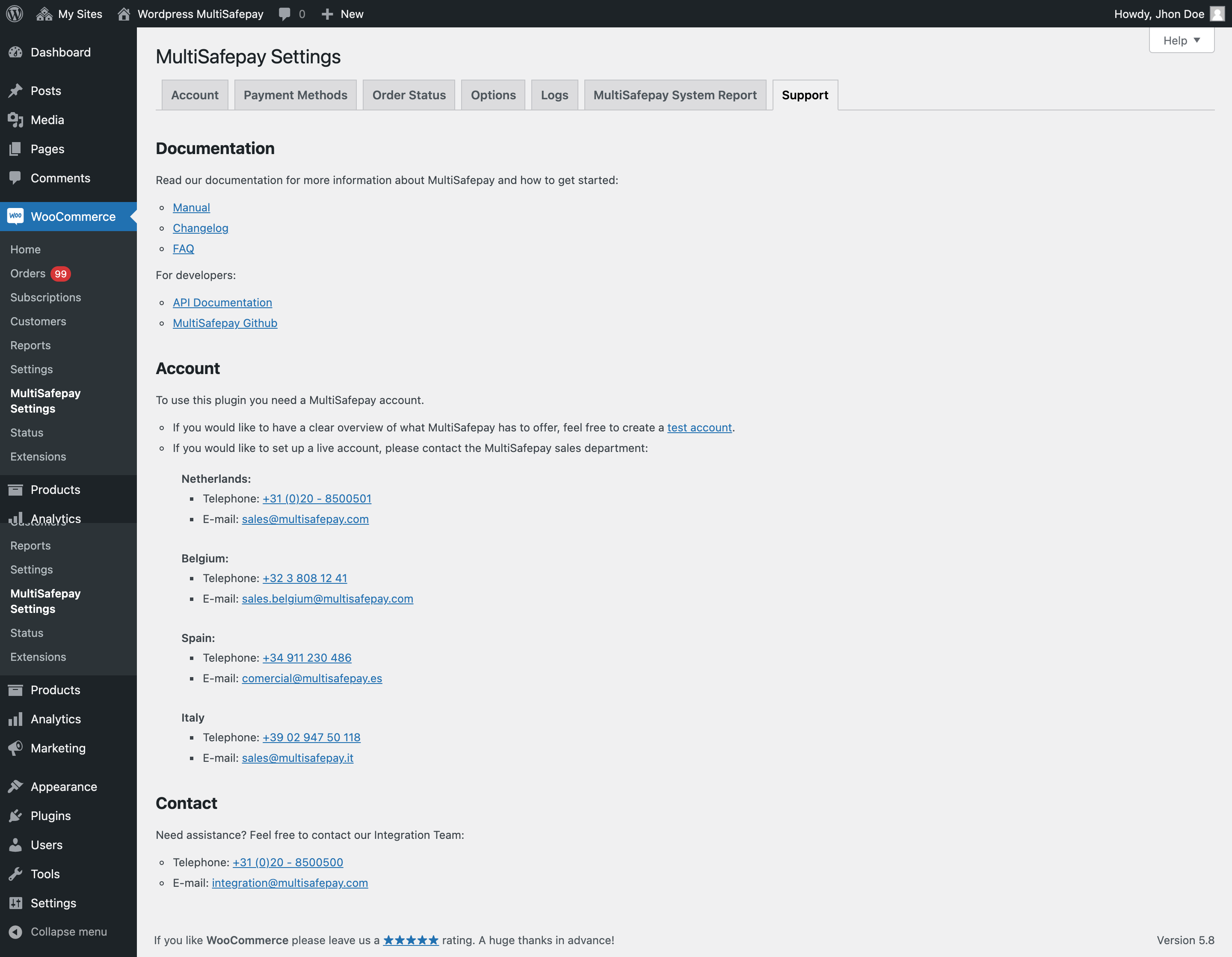 MultiSafepay Settings Page - Support section