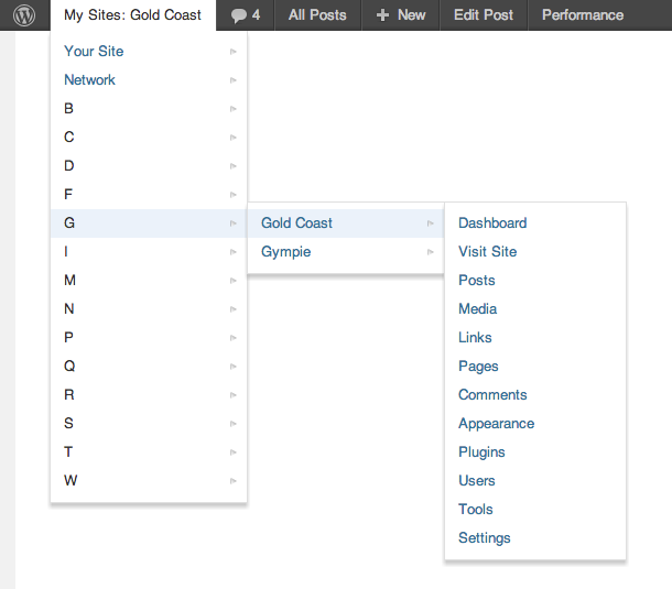 Multisite Admin bar Switcher in action