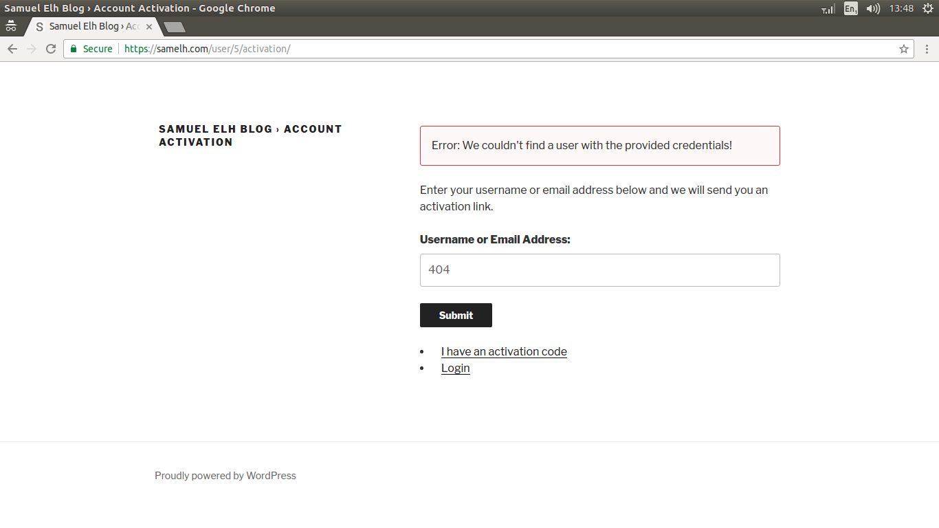 User account activation form