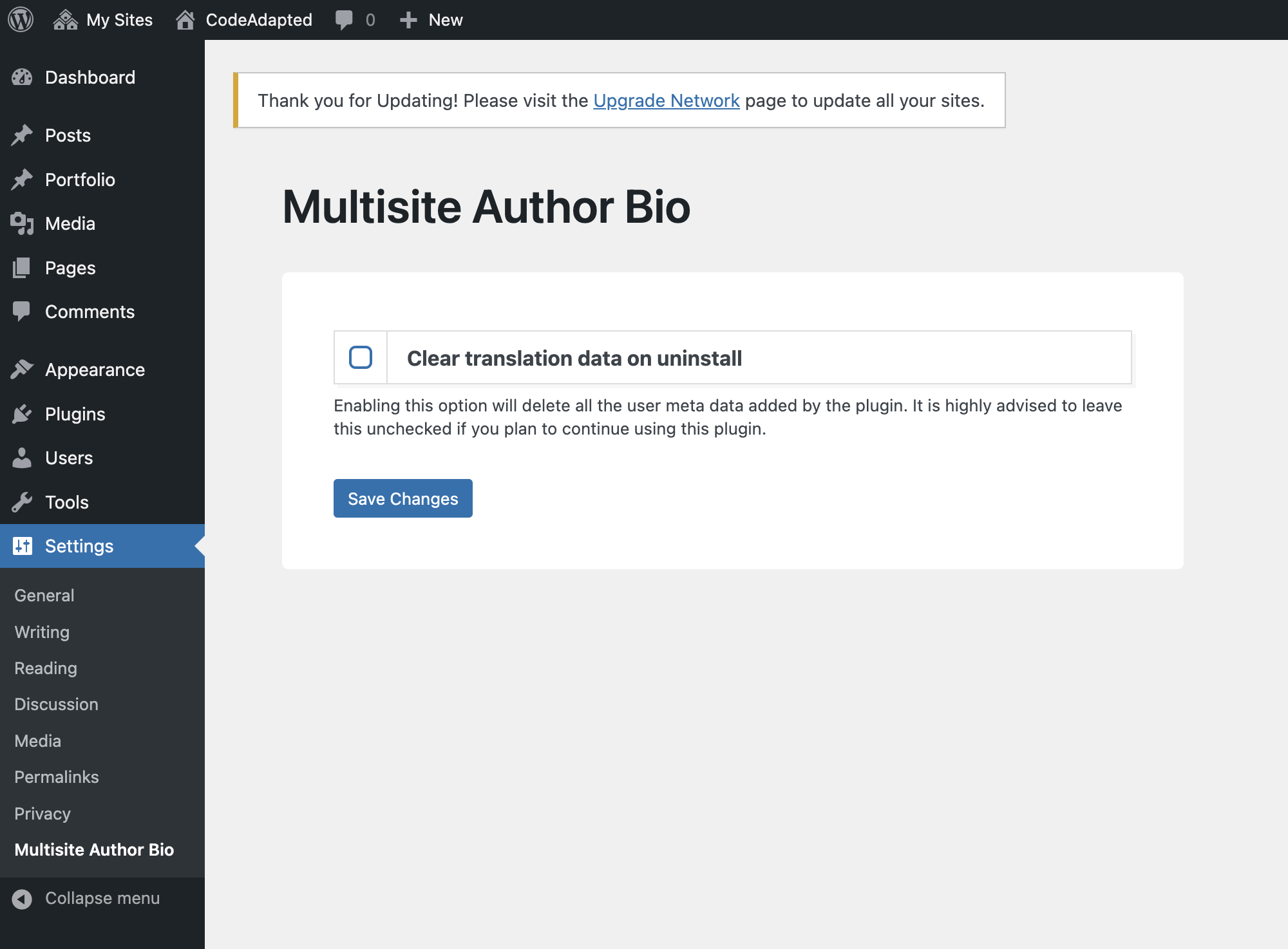 Upload and install Multisite Author Bio.