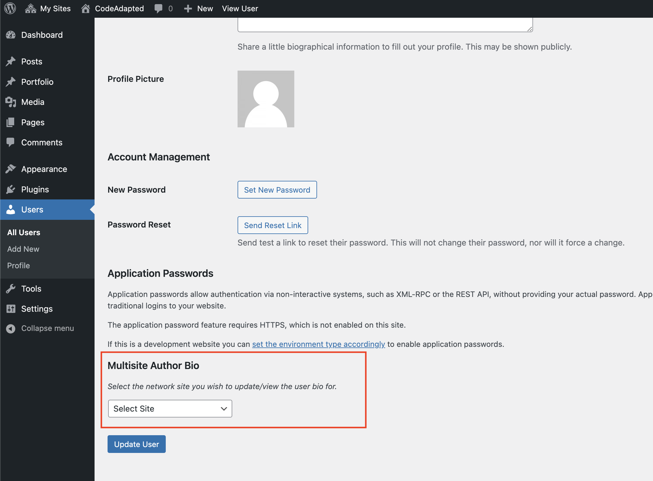 The textarea will appear with the author bio for the site selected. You can update this by clicking `Update User`.