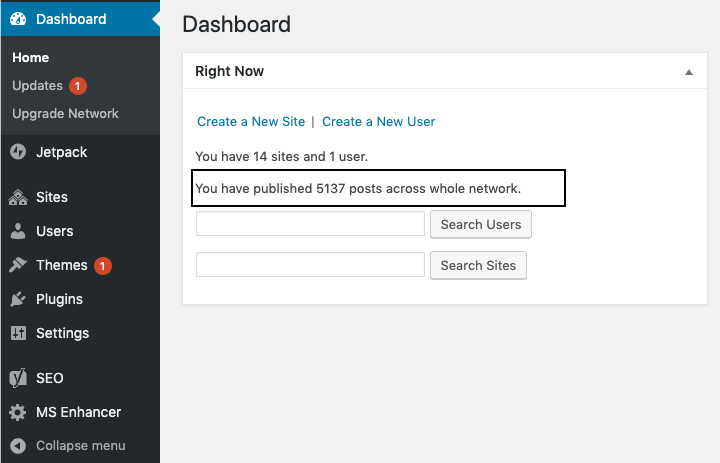 Network Dashboard > Right Now (Section | Widget) > Total Posts across network of Sites