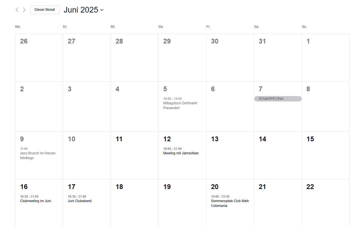 �bersicht der synchronisierten Events auf der Hauptseite