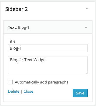 Registered "Text widget" to the main site "Sidebar 2".