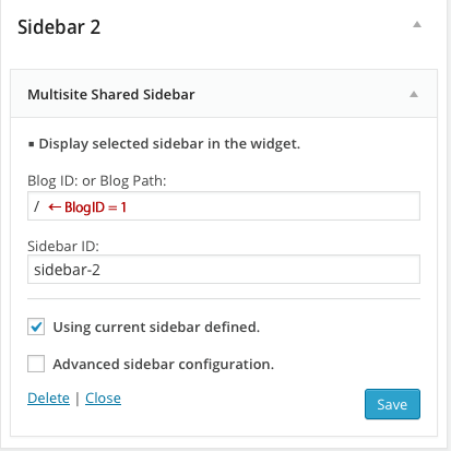 Register the "Multisite Shared Sidebar" widget to Sidebar 2 in a subsite.\
