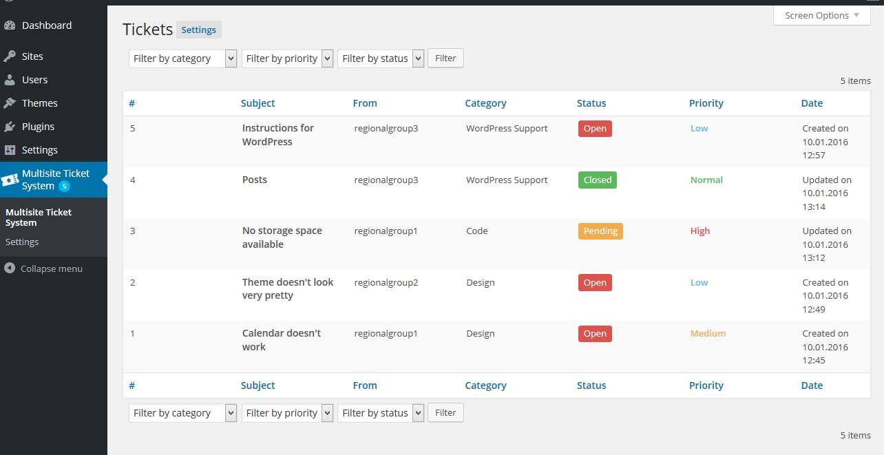 Tickets overview in Network Admin