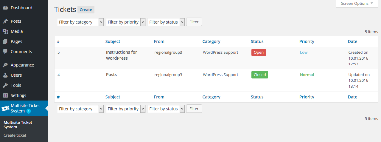 Tickets overview in Site Admin