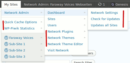 Multisite Toolbar Additions: New Network specific menu items located in "My Sites" toolbar parent item. ([Click here for larger version of screenshot](https://www.dropbox.com/s/m6w6h8icr44e568/screenshot-1.png)).