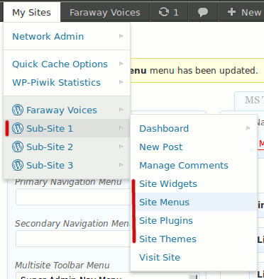 Multisite Toolbar Additions: New Sub Site/ Blog items located in the parent item for each site. ([Click here for larger version of screenshot](https://www.dropbox.com/s/a0qhymxlpkn1qox/screenshot-3.png)).