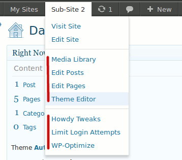 Multisite Toolbar Additions: New (Sub) Site specific menu items - plus included plugin support for useful site specific plugins. ([Click here for larger version of screenshot](https://www.dropbox.com/s/w0aoaxwfqfw7iq2/screenshot-4.png)).