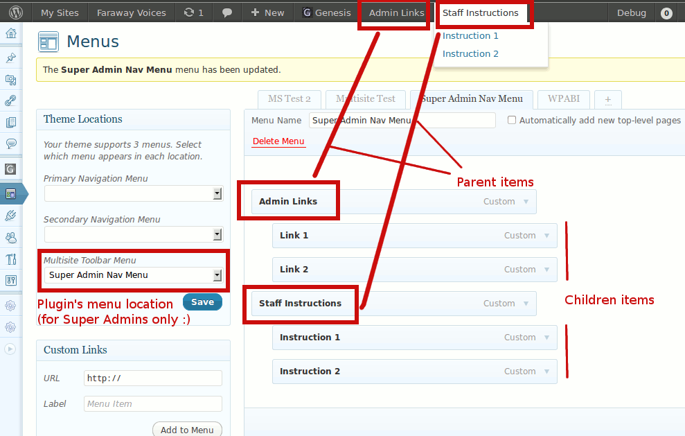 Multisite Toolbar Additions: How the optional Nav Menu for Super Admins works. ([Click here for larger version of screenshot](https://www.dropbox.com/s/7u83c0g5ehk4ozq/screenshot-5.png)).