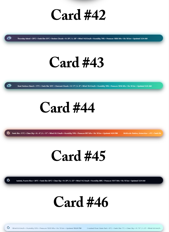 (Cards 6–65) Additional examples of available card layouts (images labeled by card number)