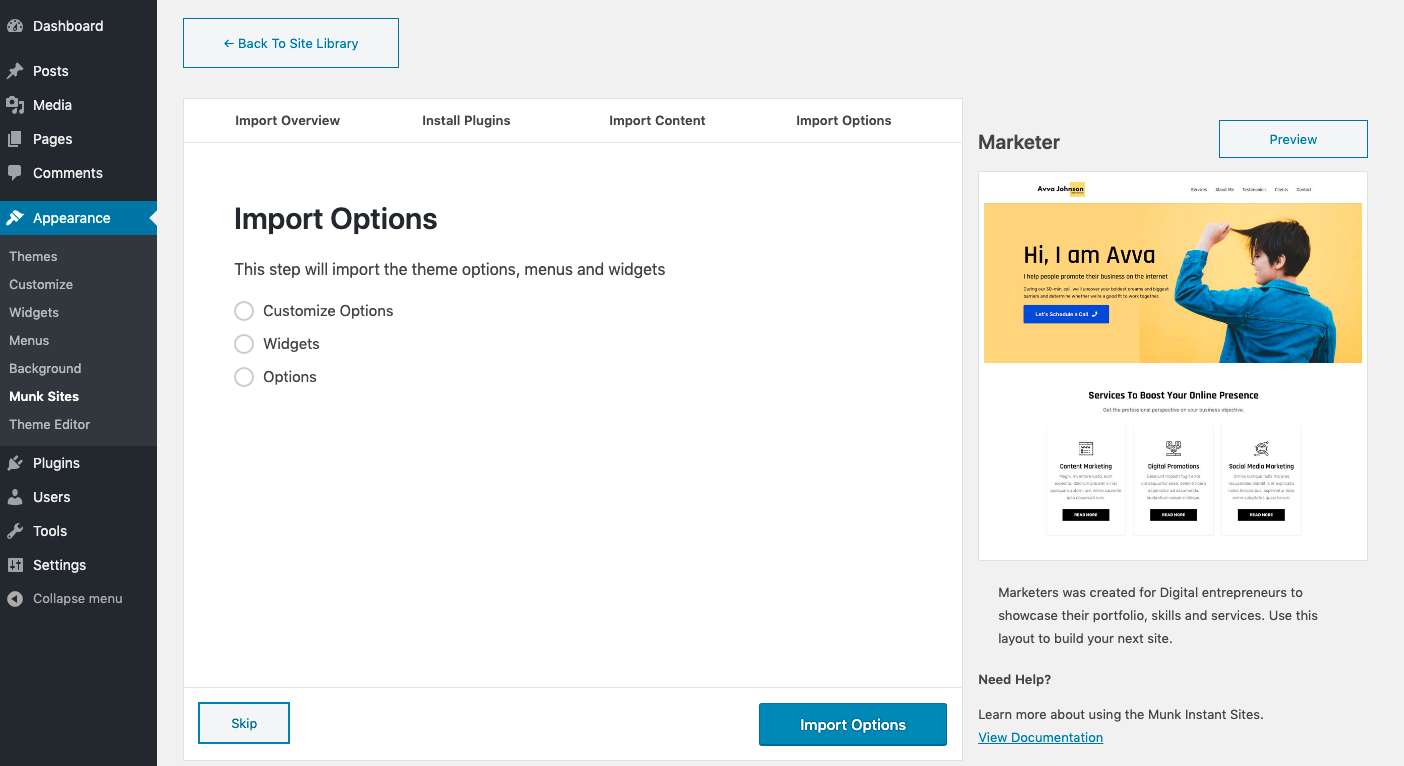 Import customizer options and widgets