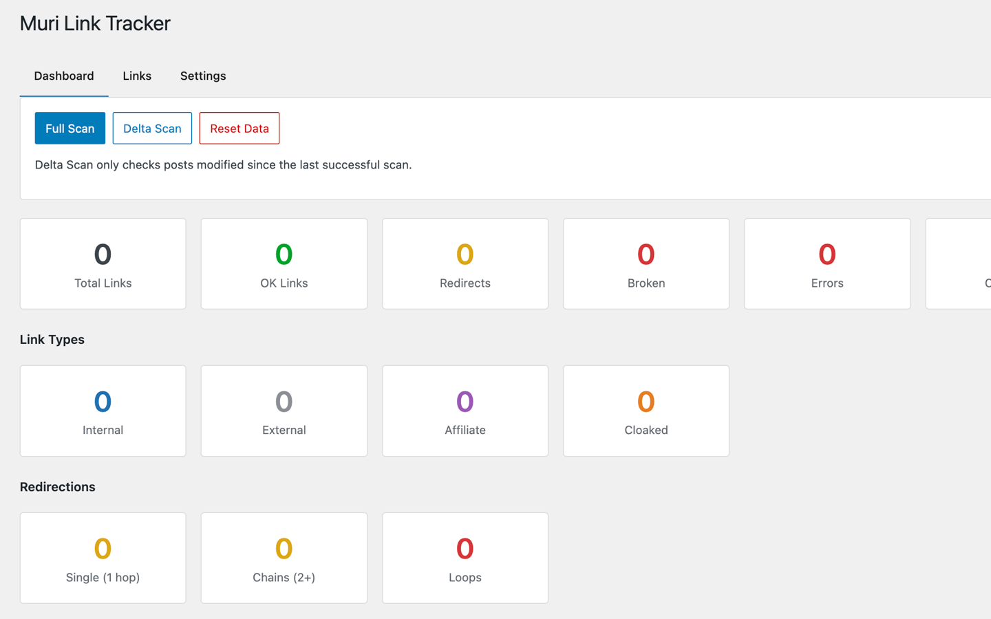 **Start in Seconds** — A clean Dashboard greets you with three clear actions: Full Scan, Delta Scan, or Reset Data. Delta Scan saves time on large sites by only checking posts modified since your last scan.