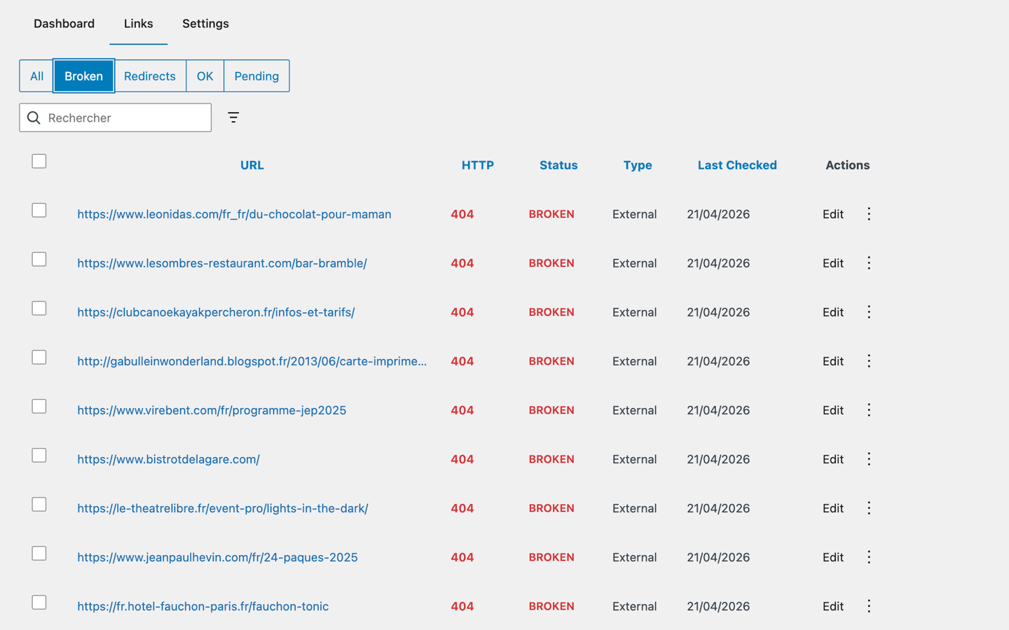 **Focus on What's Broken** — The Broken filter surfaces every dead link (404, 410, DNS errors) in one view, ready for bulk fix or deletion. Silent editing keeps your post modified dates untouched.