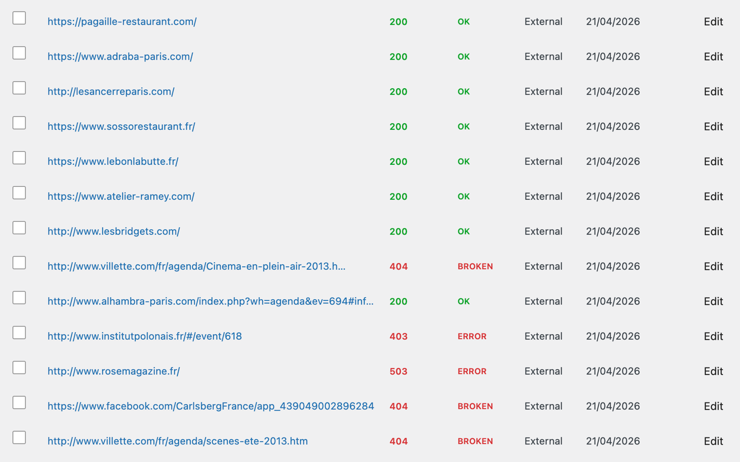 **Every Link at a Glance** — The link inventory mixes OK, broken, redirected, and errored URLs in a single sortable table, color-coded by status for instant triage.