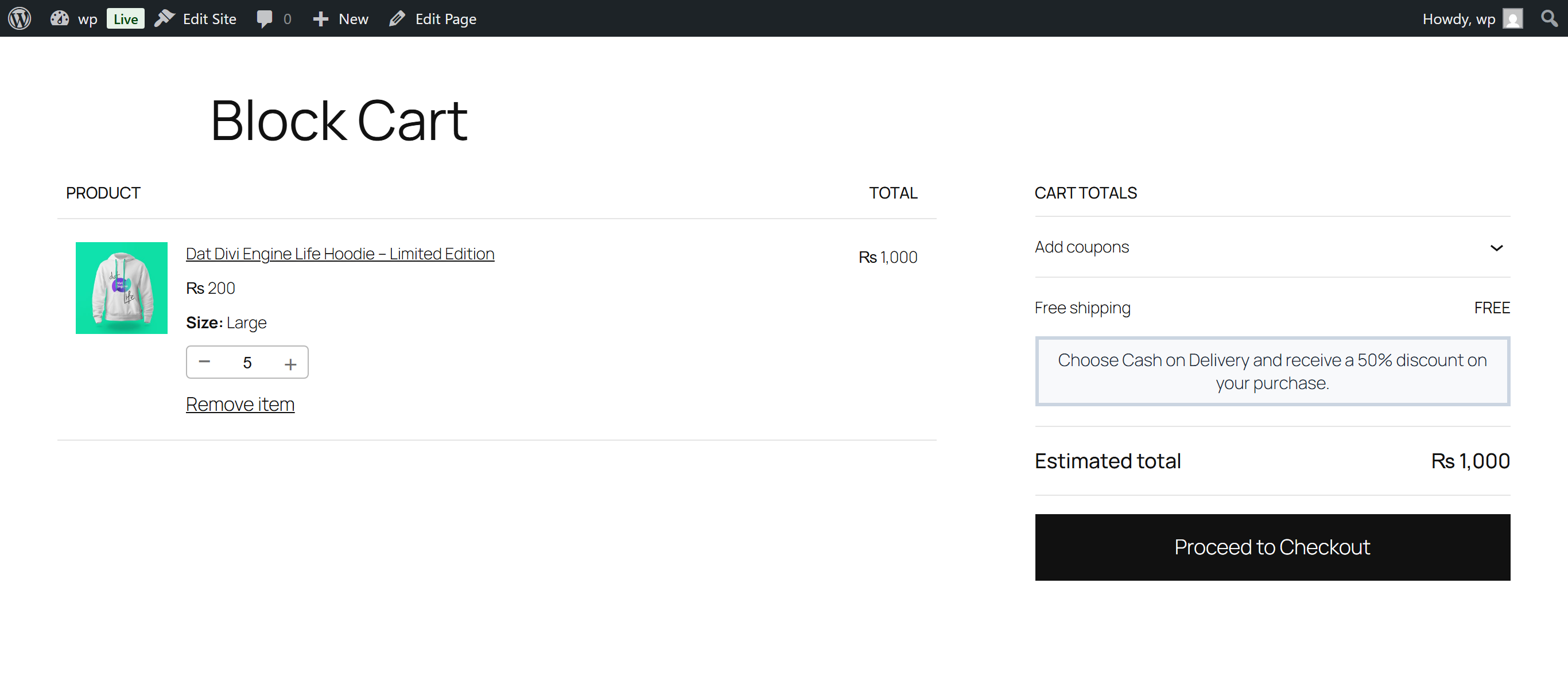 Admin interface showing fixed discount type with a custom discount label