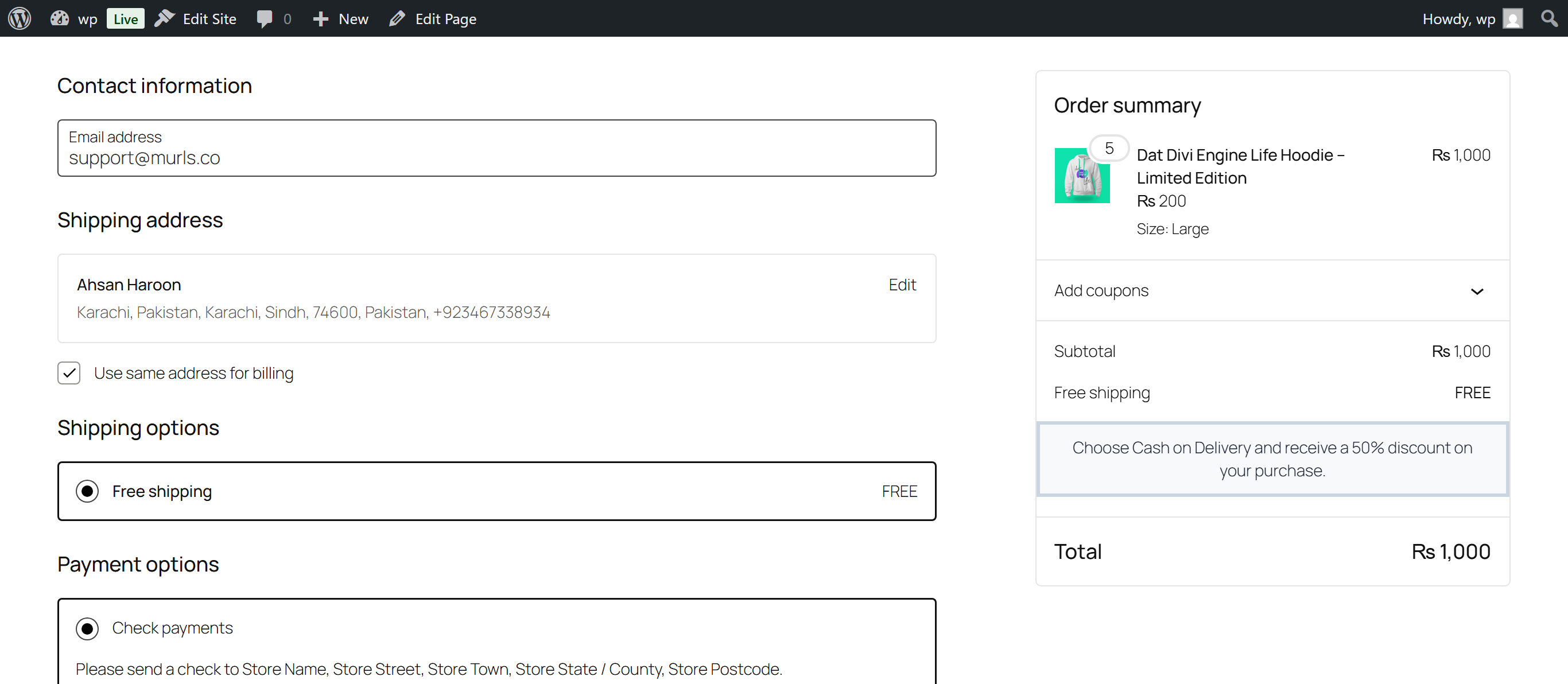 Admin interface showing percentage discount type with a custom discount label