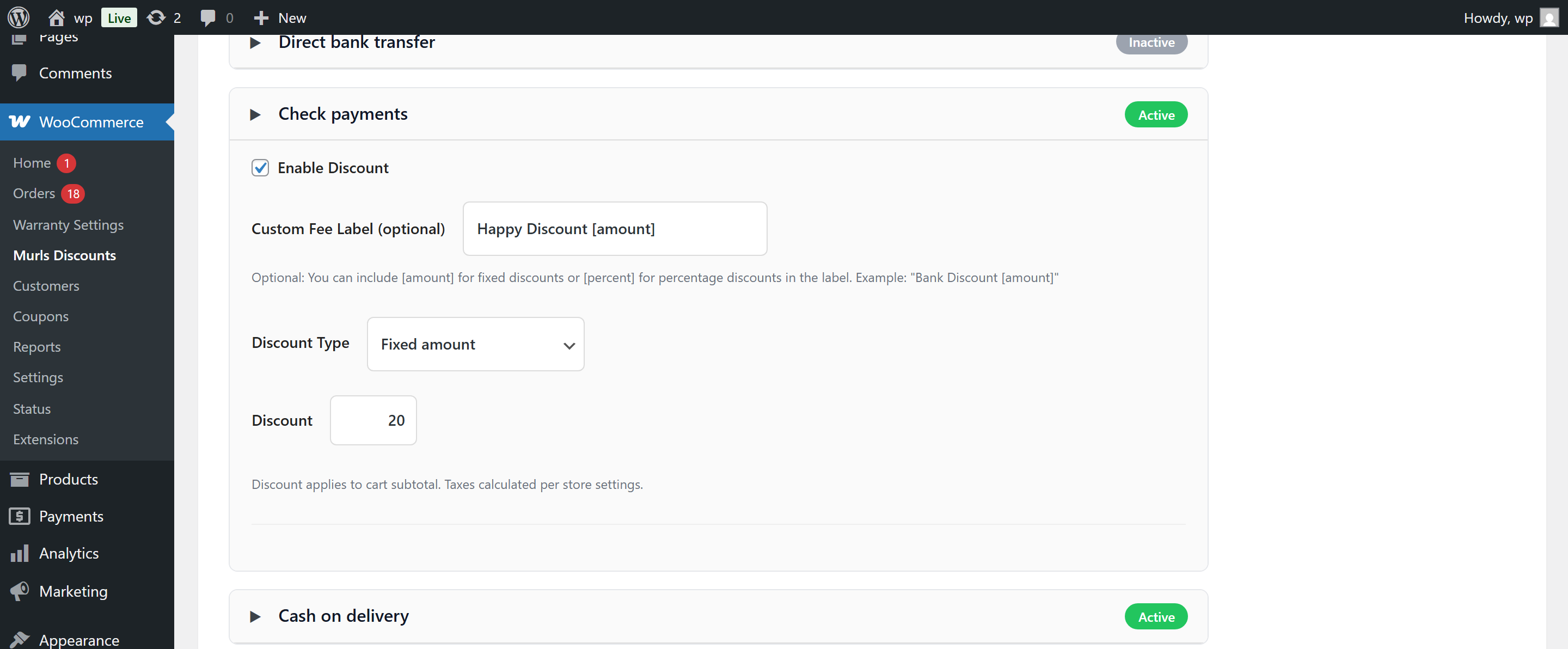 Discount applied at Cart page