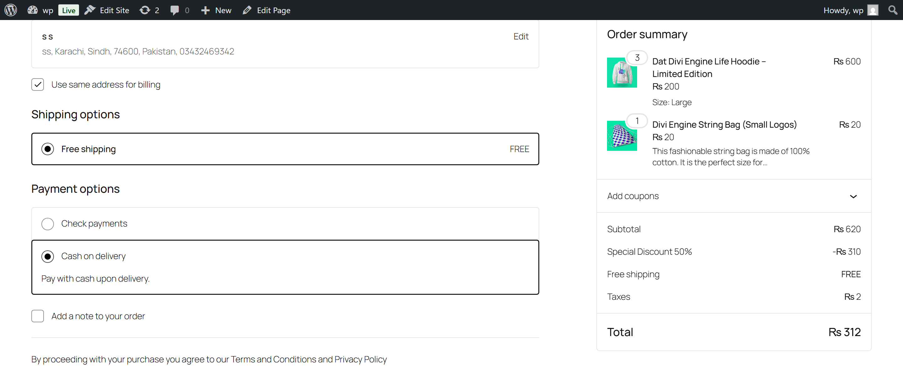 Payment-based discount message displayed above the order total