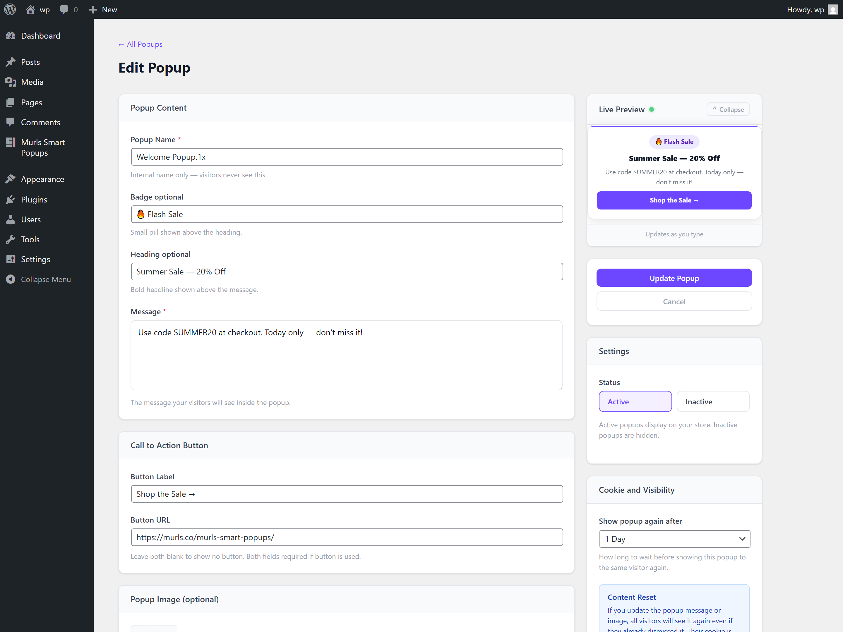 Edit Popup screen — Popup Content, CTA Button, Image, Live Preview, Settings, Cookie Visibility, and Position all in one place.
