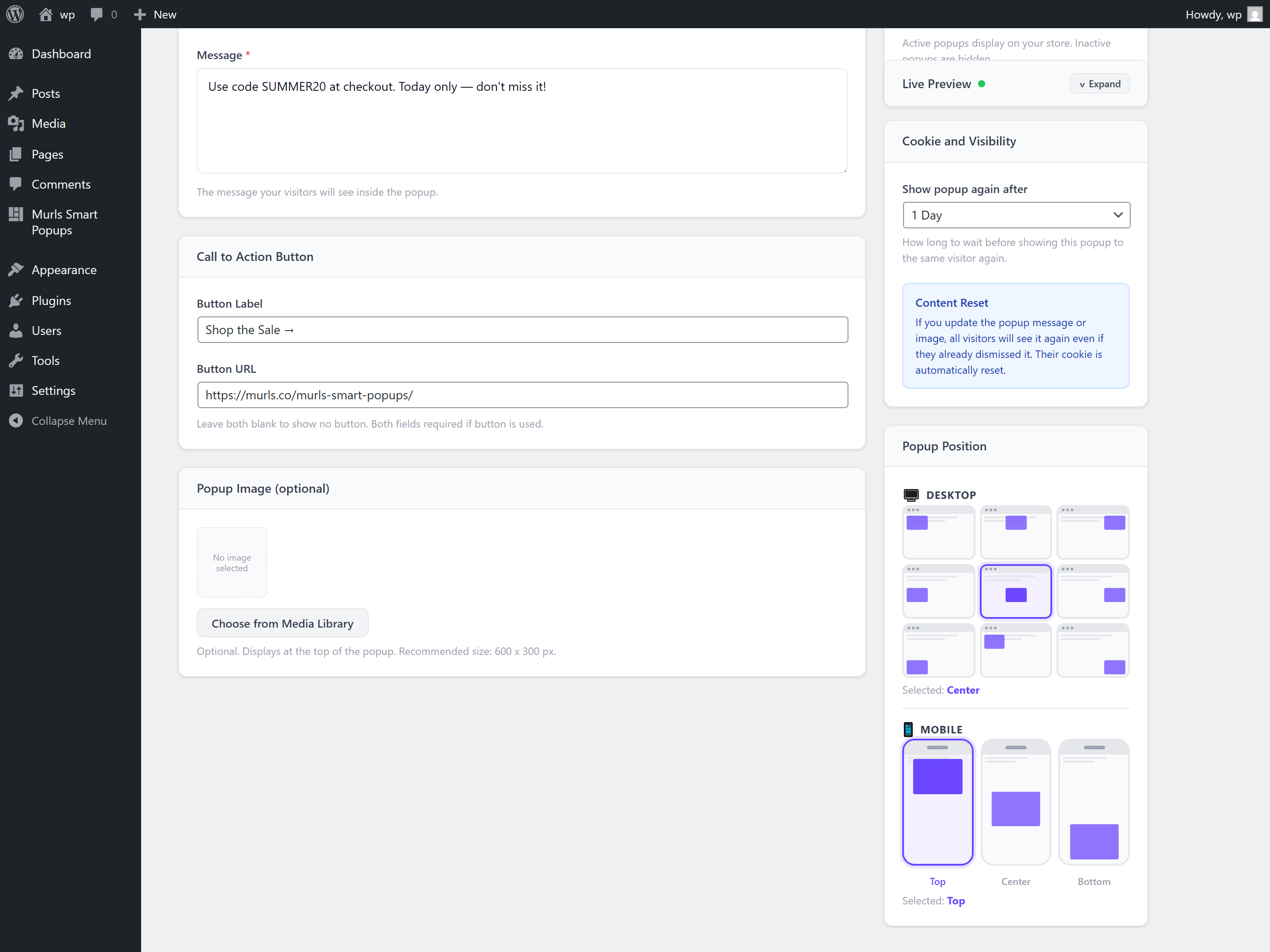 Live popup displayed on a real WordPress store frontend.