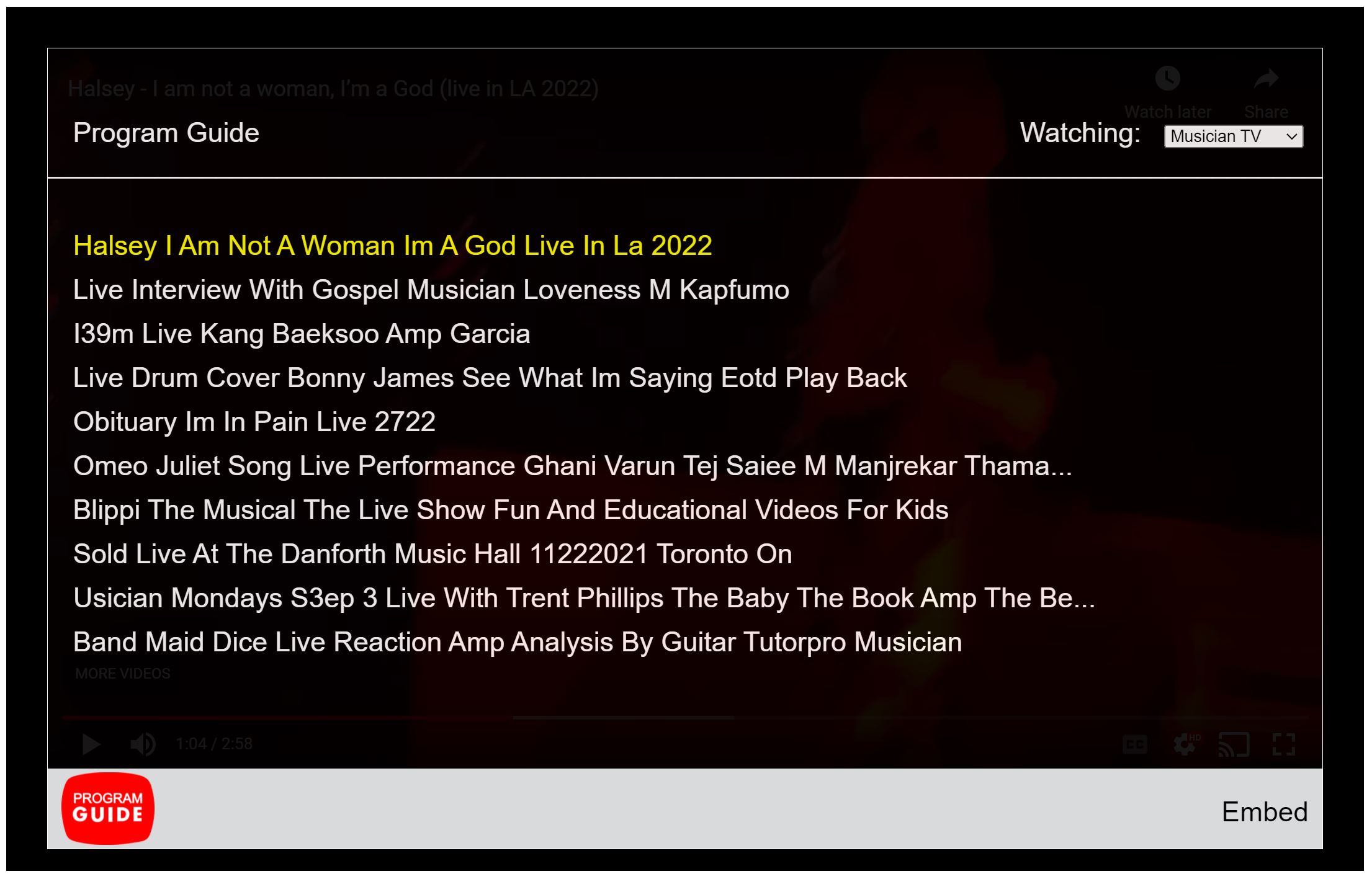 Screenshot 2 - Shows the Program Guide. See what's on now, what's on next, or change the channel to a custom instrument station.