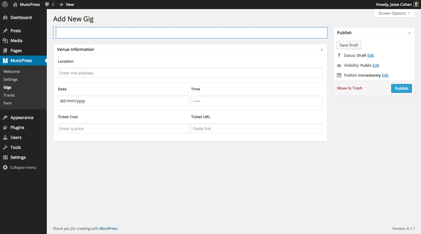 Add your gig/show screen