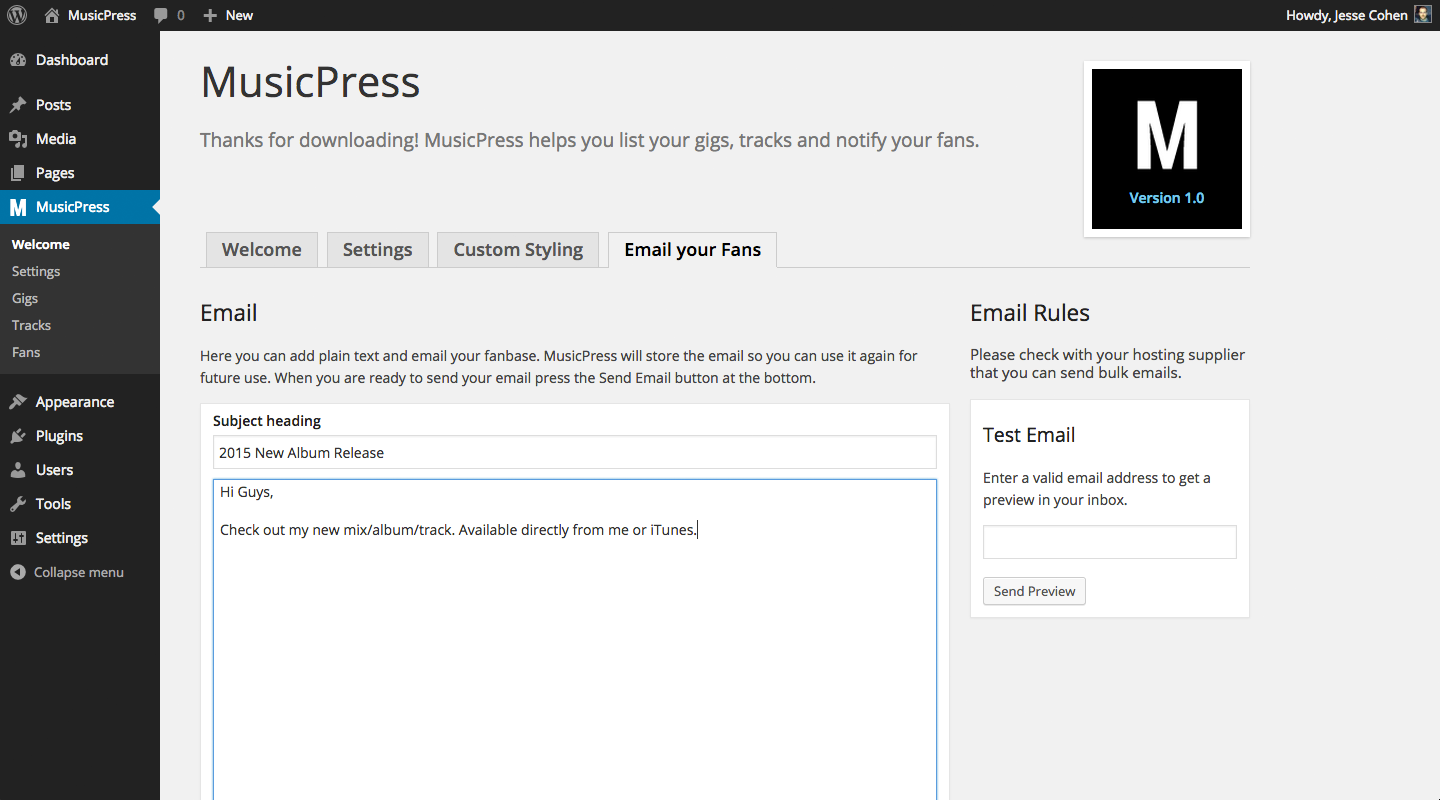 Email your fans screen