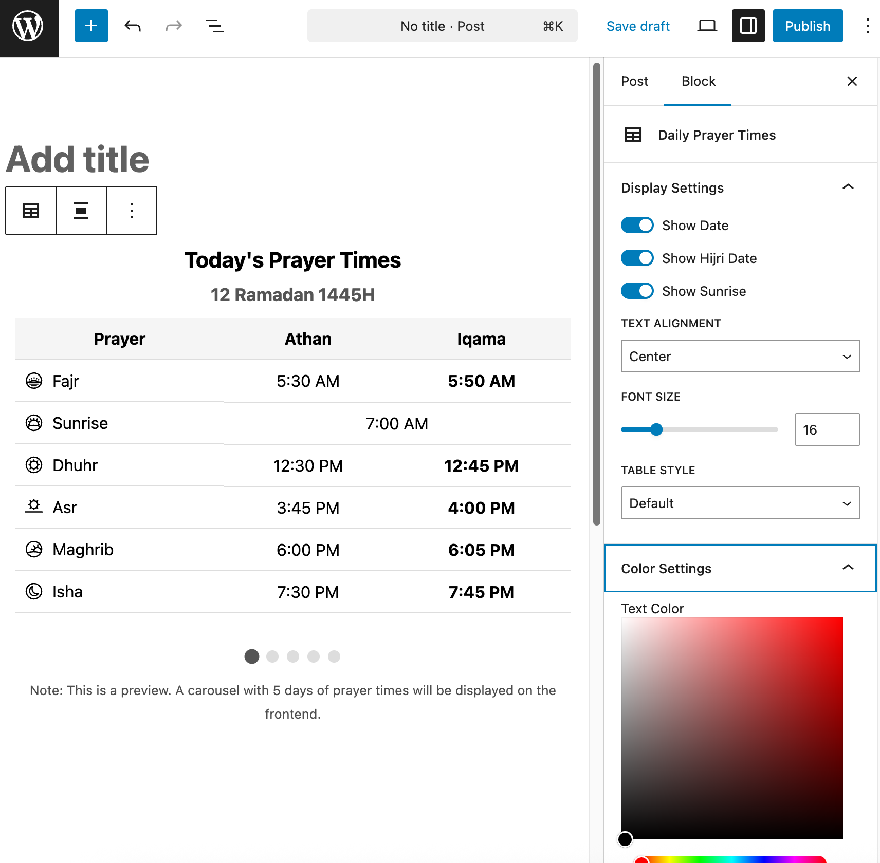 Daily prayer times editor