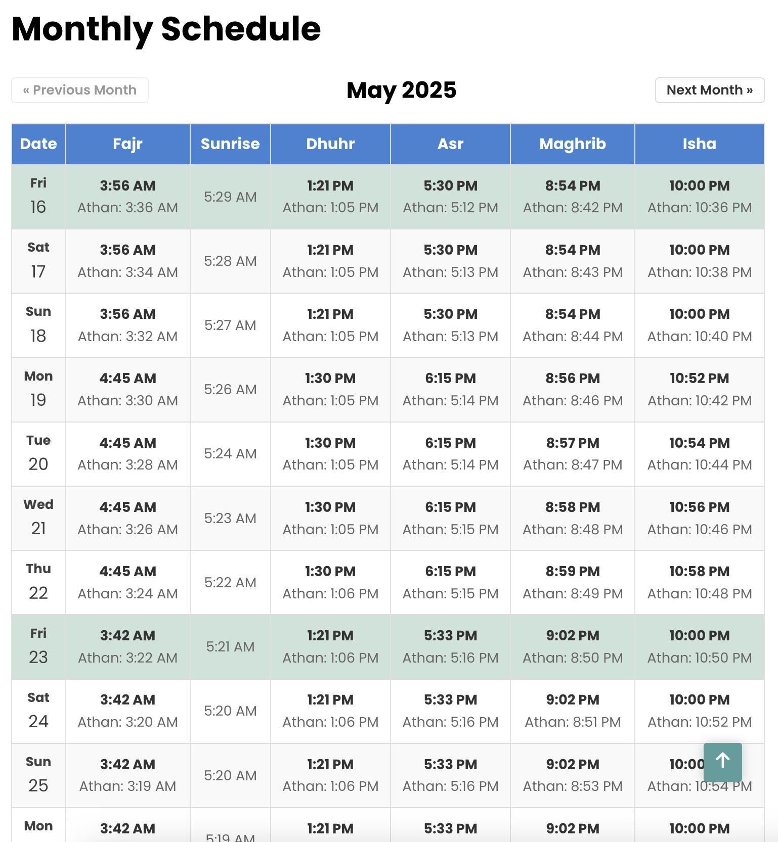 Monthly prayer times calendar view