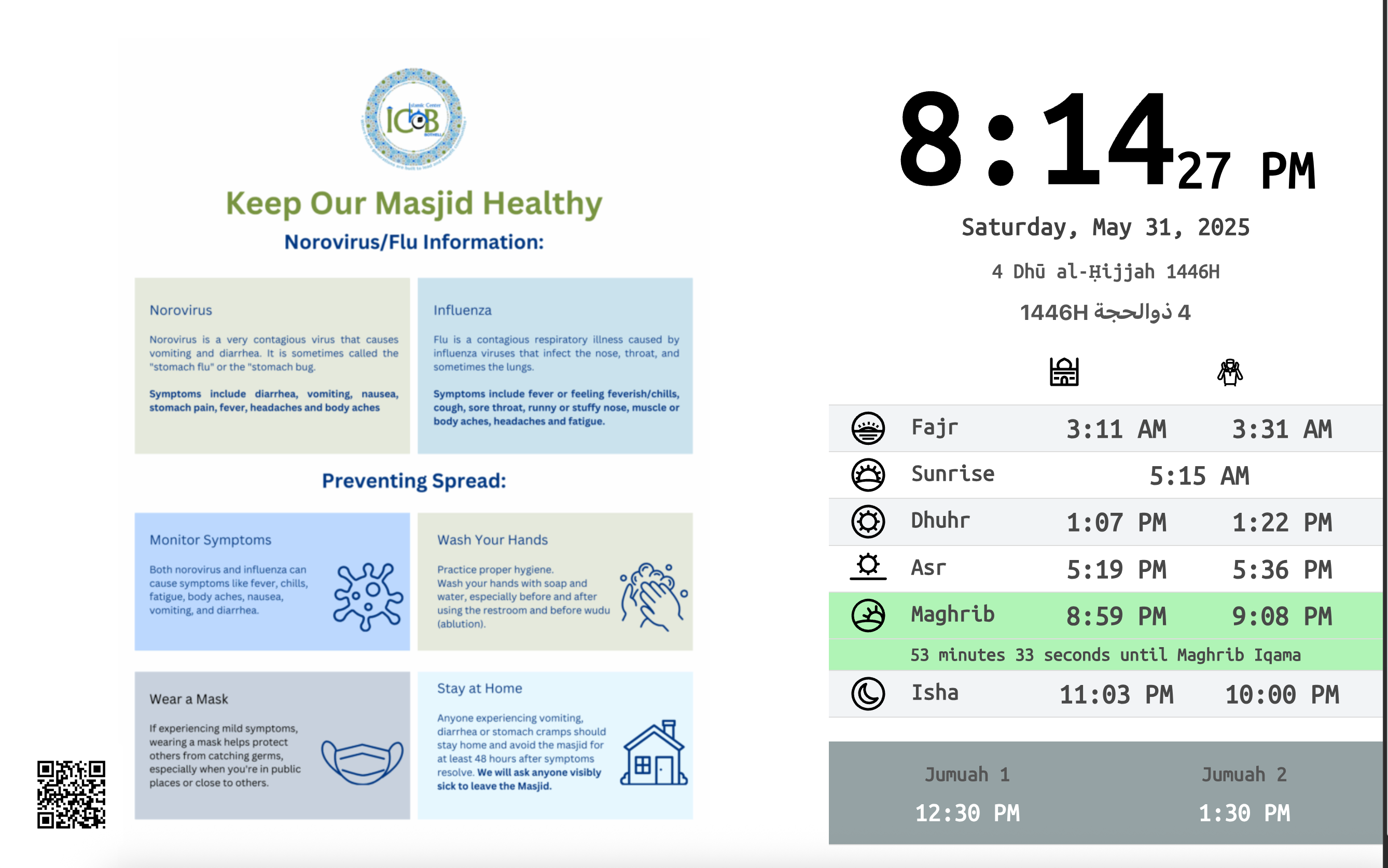 Live prayer times display for digital signage