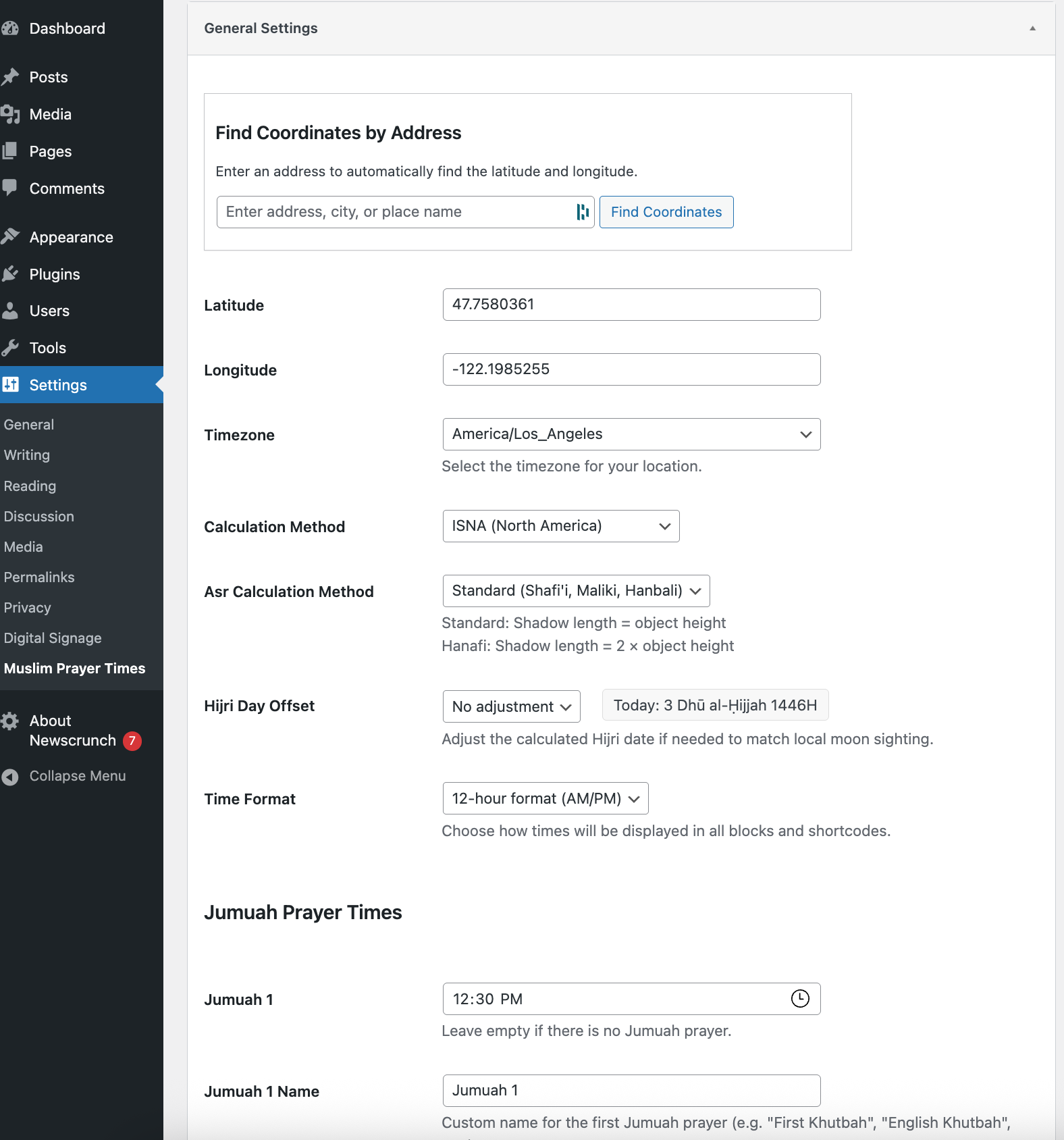 Admin settings page with prayer time configuration
