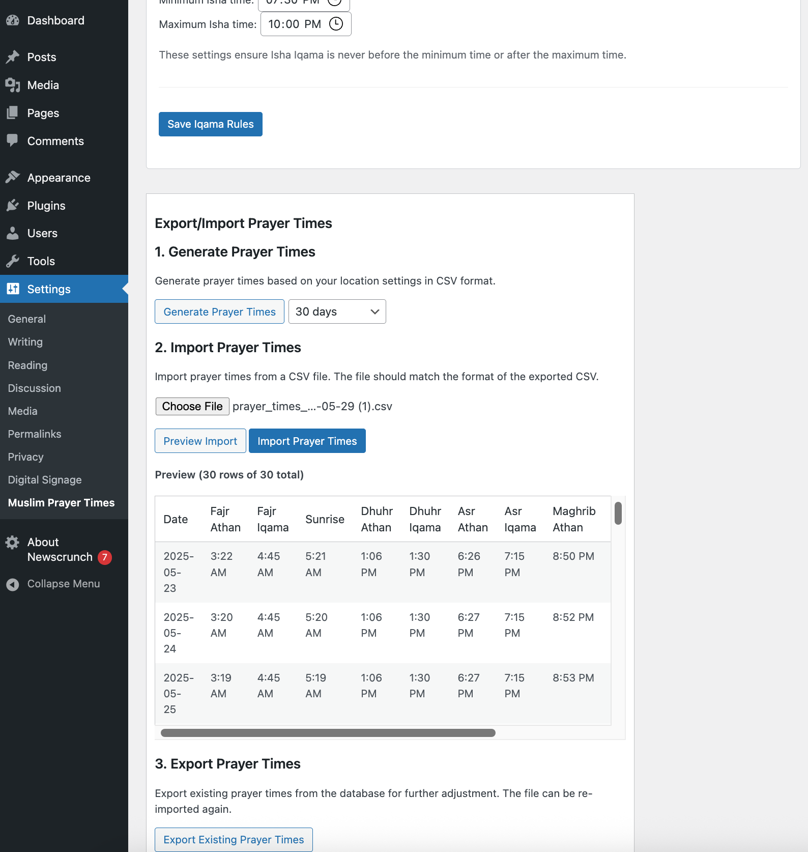 Import/export interface for prayer times management