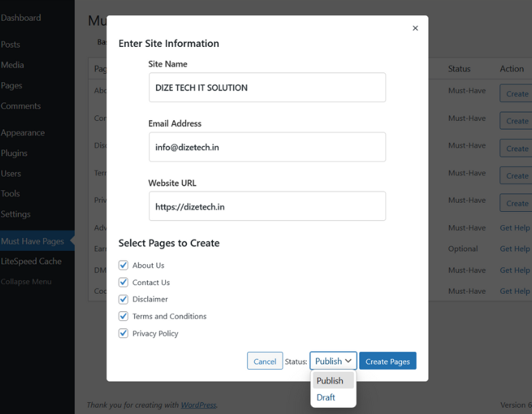 Page creation popup with dynamic details
