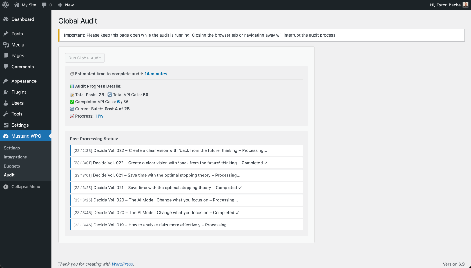 Performance column with scores and tooltip for Pages content type after running an audit.