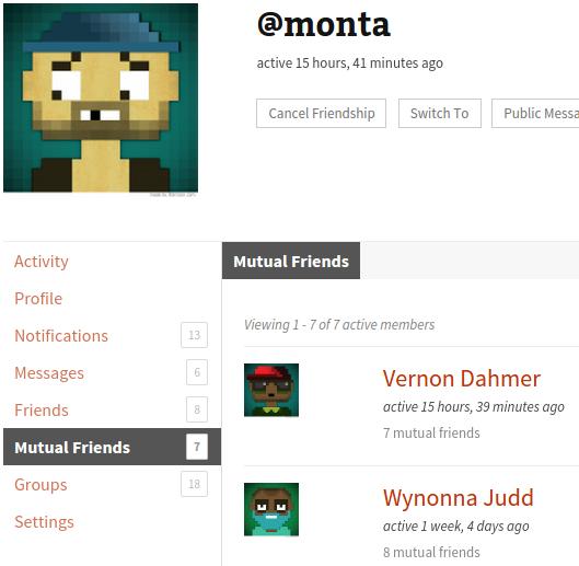 Go to a member's profile you can see which persons your both friends with (common friends)