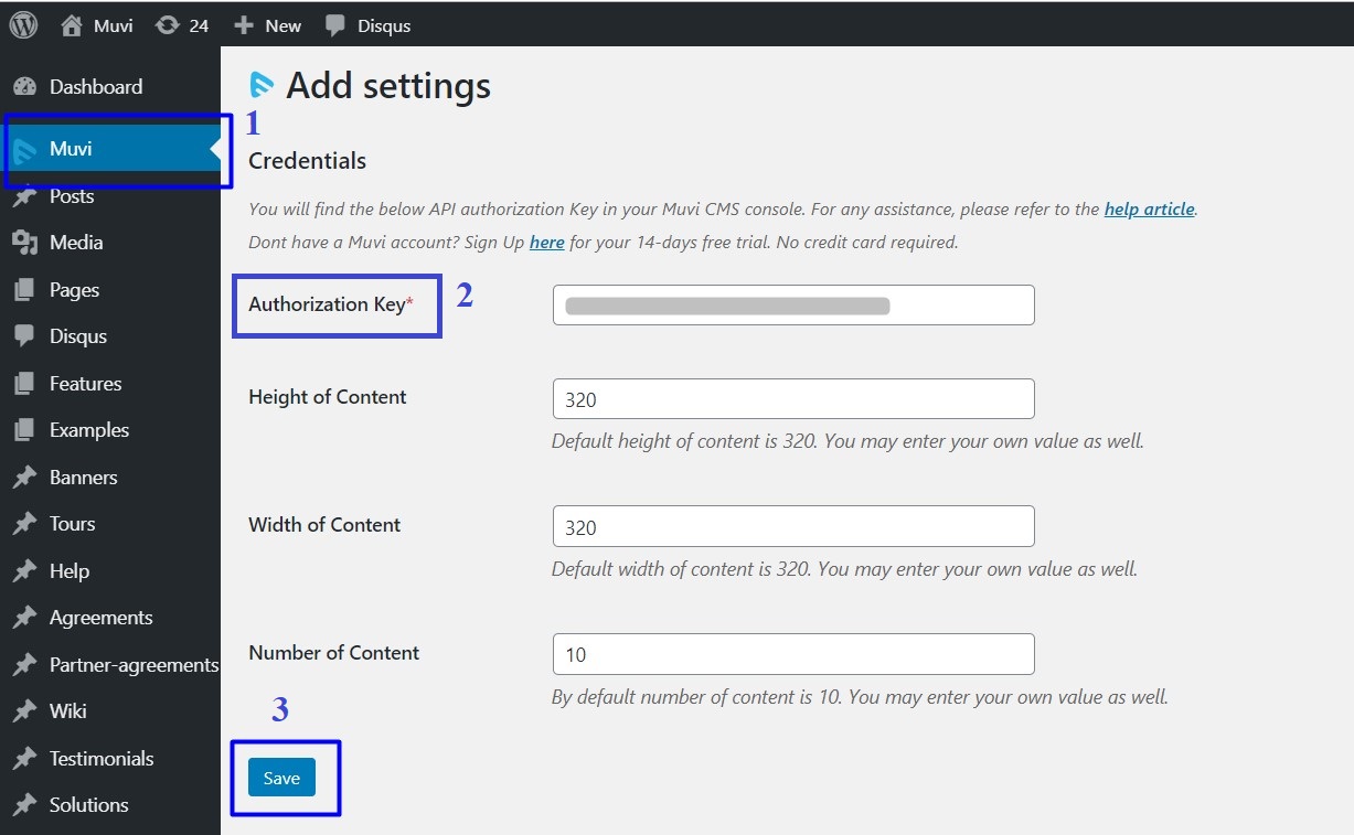 Settings menu has a product selection dropdown for Muvi One & Muvi Flex.