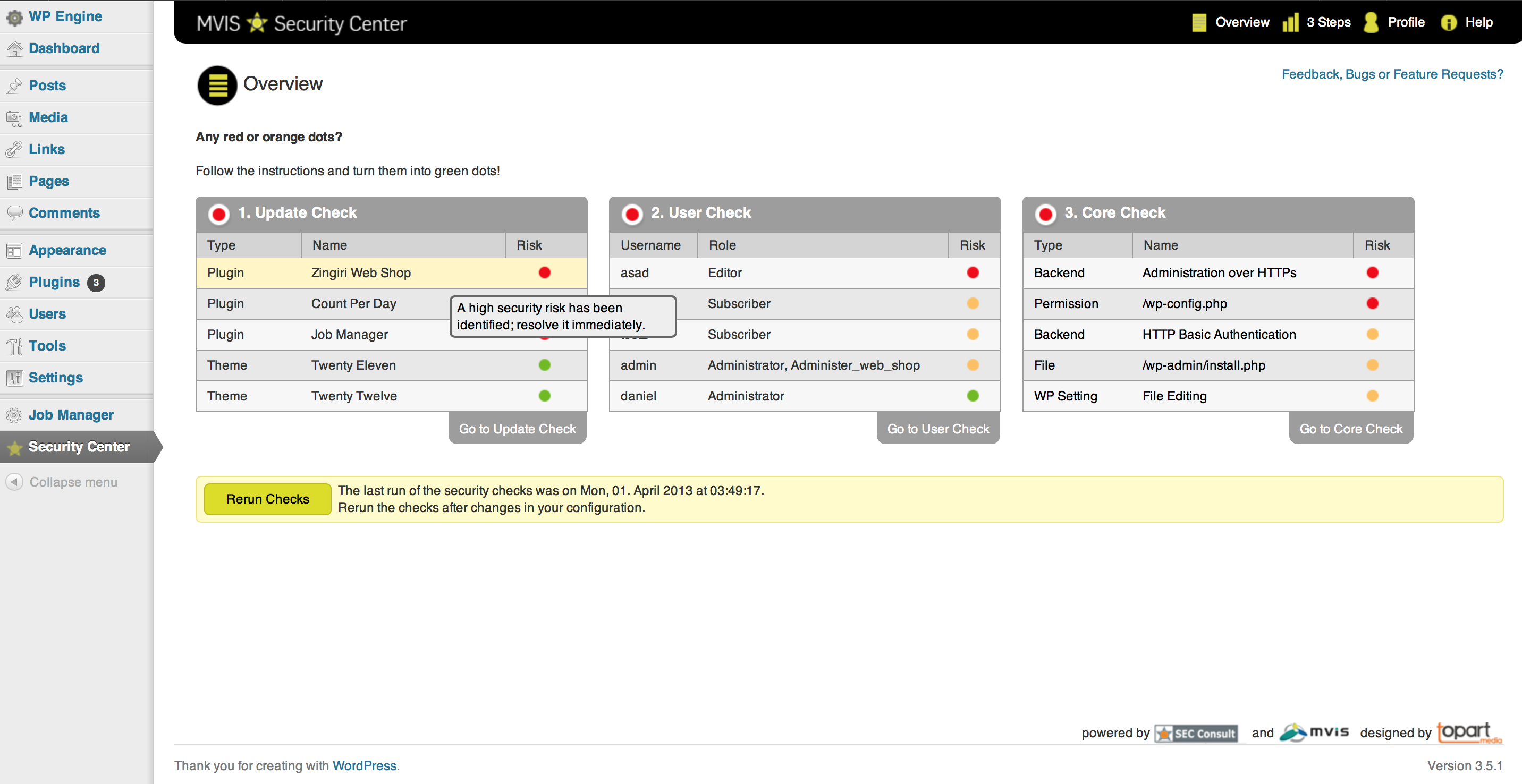 The start page of the plugin gives you an overview of all tests within each of the three steps. Hovering over a dot will give you a brief description of the gravity of a given issue.
