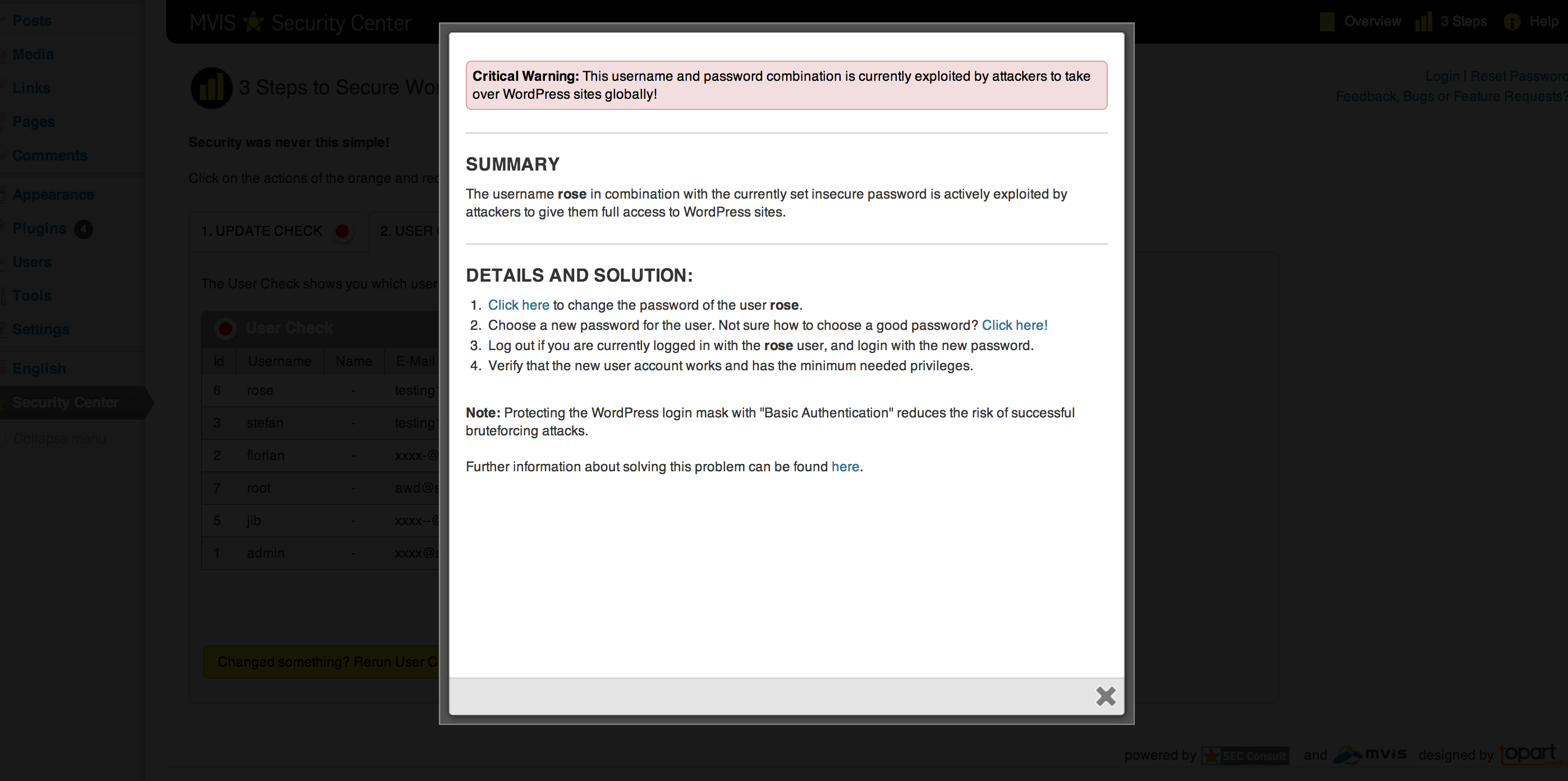 Detailed information on how to solve a problem with a specific user account is given.